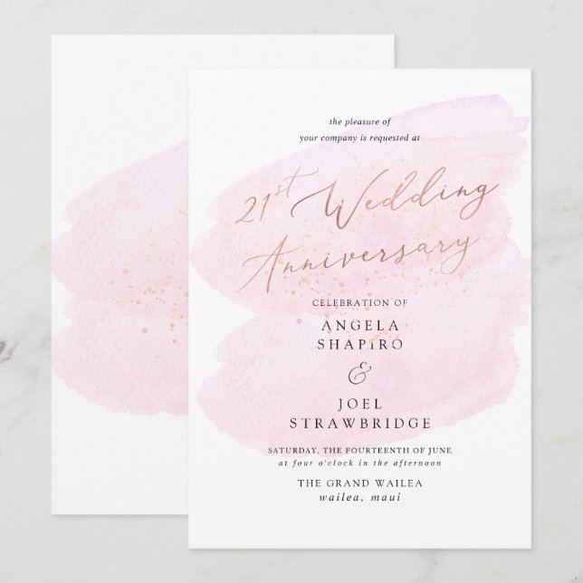 Pink Watercolor Champagne Bubbles Elegant 21st Invitation (Front/Back)