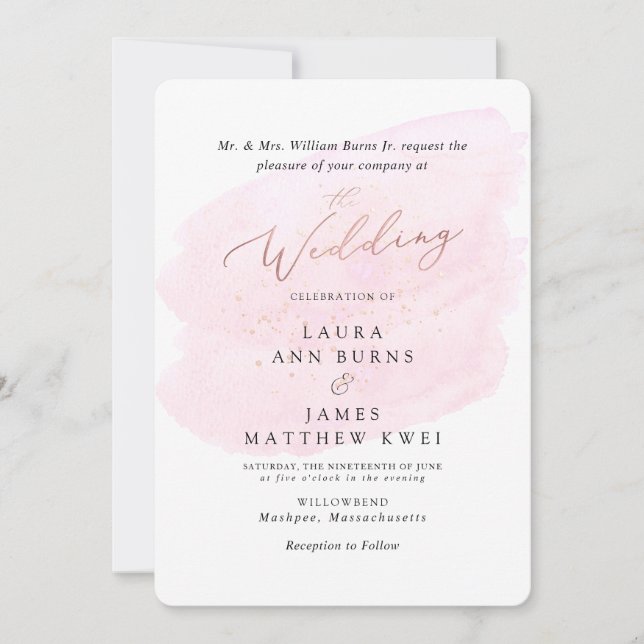 Pink Watercolor Champagne Bubbles Elegant Invitation (Front)