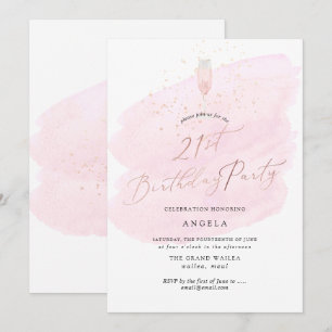 Pink Watercolor Champagne Glass+Bubbles Invitation
