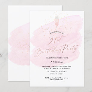 Pink Watercolor Champagne Glass+Bubbles Invitation