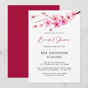 Pink Watercolor Cherry Blossom Bridal Shower Invitation