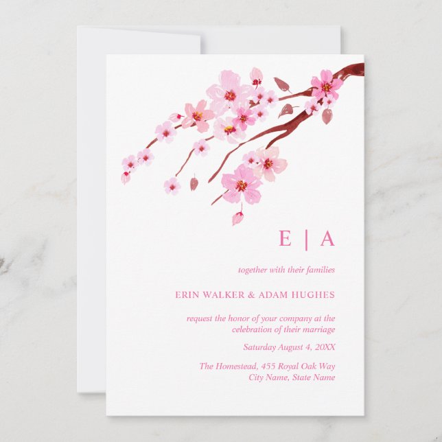 Pink Watercolor Cherry Blossom Monogram Wedding  Invitation (Front)