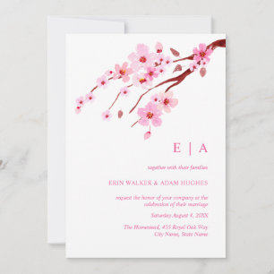 Pink Watercolor Cherry Blossom Monogram Wedding  Invitation