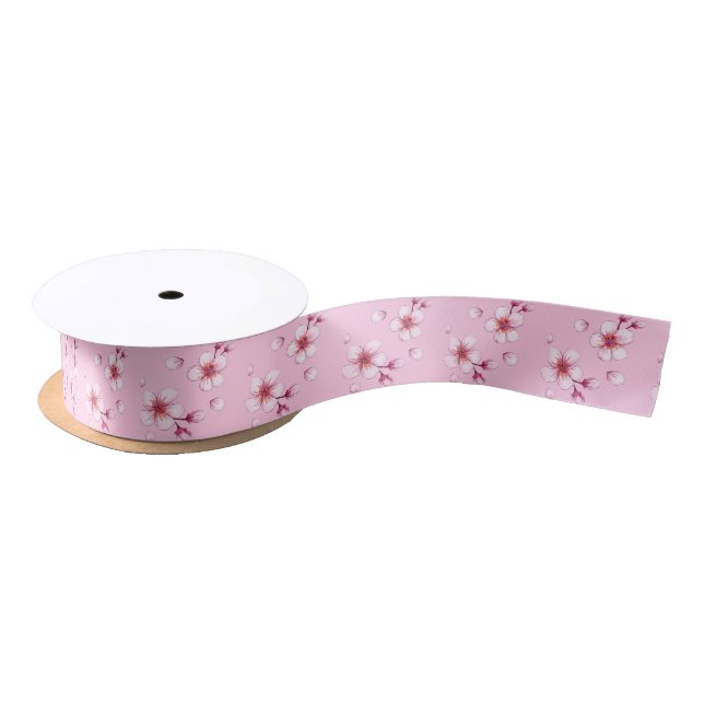 Pink Watercolor Cherry Blossom Pattern Satin Ribbon (Spool)