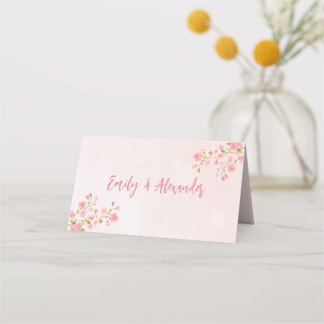 Pink Watercolor Cherry Blossom Spring Wedding Place Card (Front)