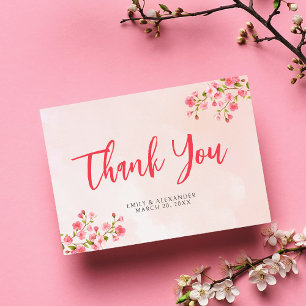 Pink Watercolor Cherry Blossom Spring Wedding Than Thank You Card
