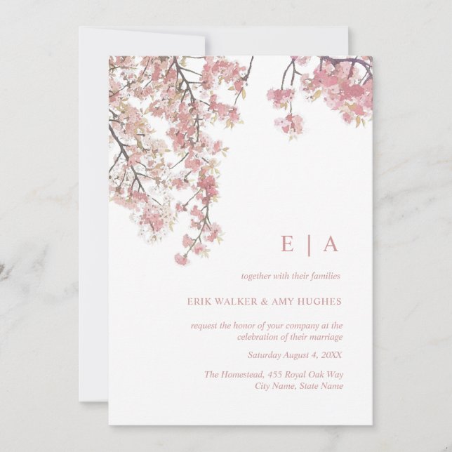 Pink watercolor cherry blossom wedding invitation (Front)