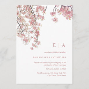 Pink watercolor cherry blossom wedding invitation