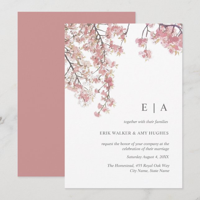 Pink watercolor cherry blossom wedding invitation (Front/Back)