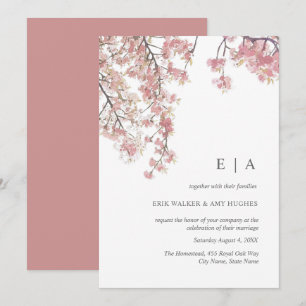 Pink watercolor cherry blossom wedding invitation