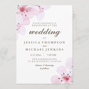 Pink Watercolor Cherry Blossoms Wedding Invitation