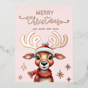 Pink Watercolor Christmas Reindeer Rose Gold Foil Holiday Postcard