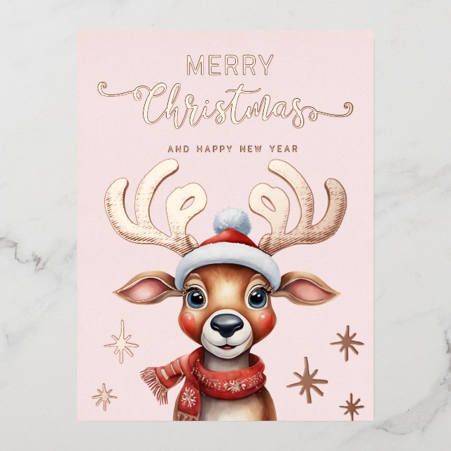Pink Watercolor Christmas Reindeer Rose Gold Foil Holiday Postcard (Front)
