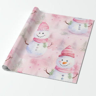 Pink Watercolor Christmas Snowman Wrapping Paper