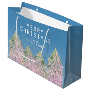 Pink Watercolor Christmas Tree Artistic  Large Gift Bag