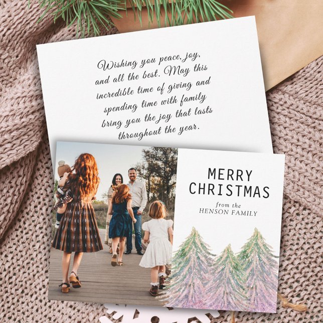 Pink Watercolor Christmas Tree Artistic Photo  Hol Holiday Card (Creator Uploaded)