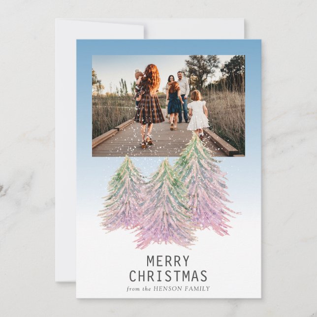 Pink Watercolor Christmas Tree Artistic Photo  Holiday Card (Front)