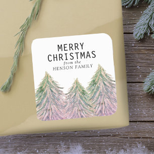 Pink Watercolor Christmas Tree Artistic Square Sti Sticker