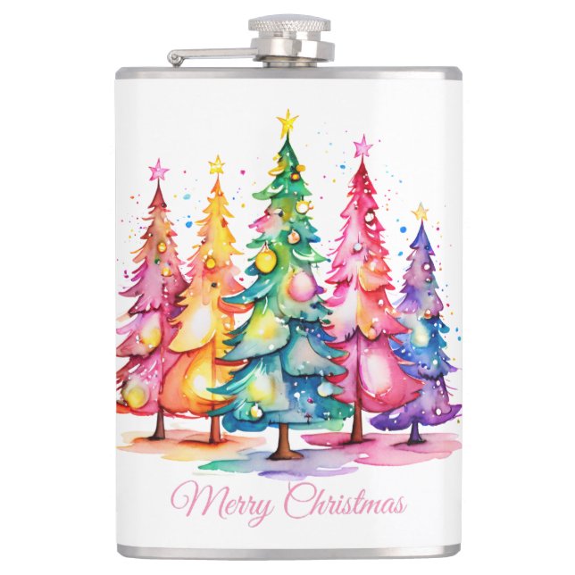 Pink Watercolor Christmas Tree Flask (Front)