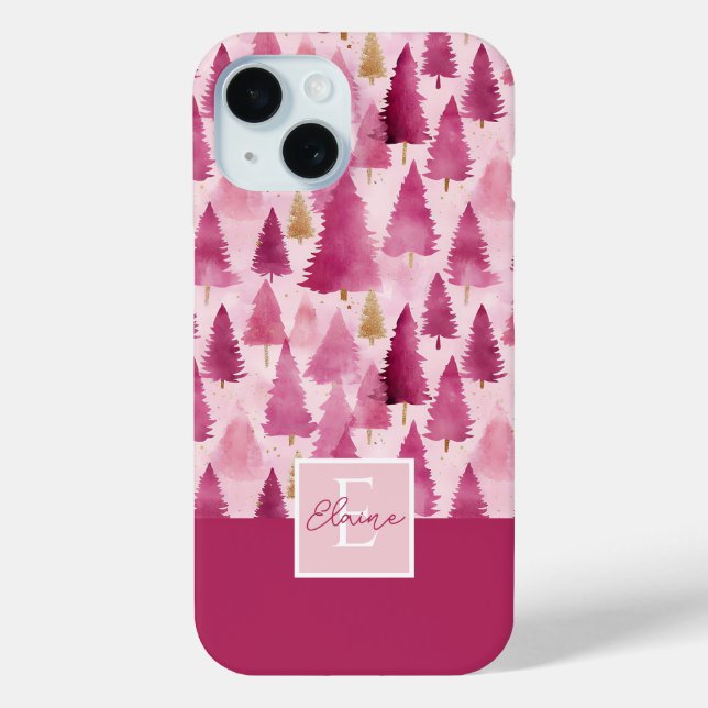 Pink Watercolor Christmas Tree Pattern Case-Mate iPhone Case (Back)