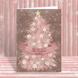Pink Watercolor Christmas Tree Rose Gold Folded Holiday Card