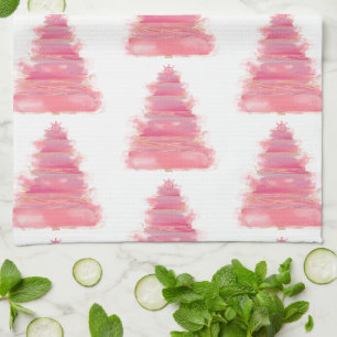 Pink Watercolor Christmas Tree Tea    Towel