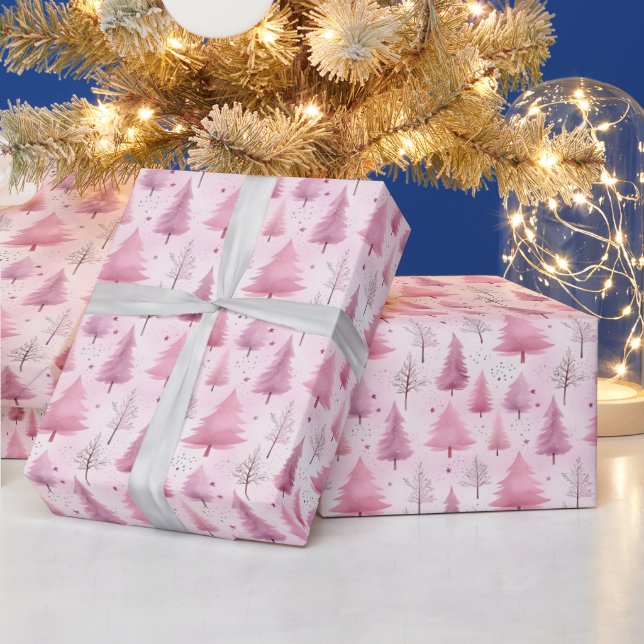 Pink Watercolor Christmas Tree Woodland Pattern Wrapping Paper (Holidays)