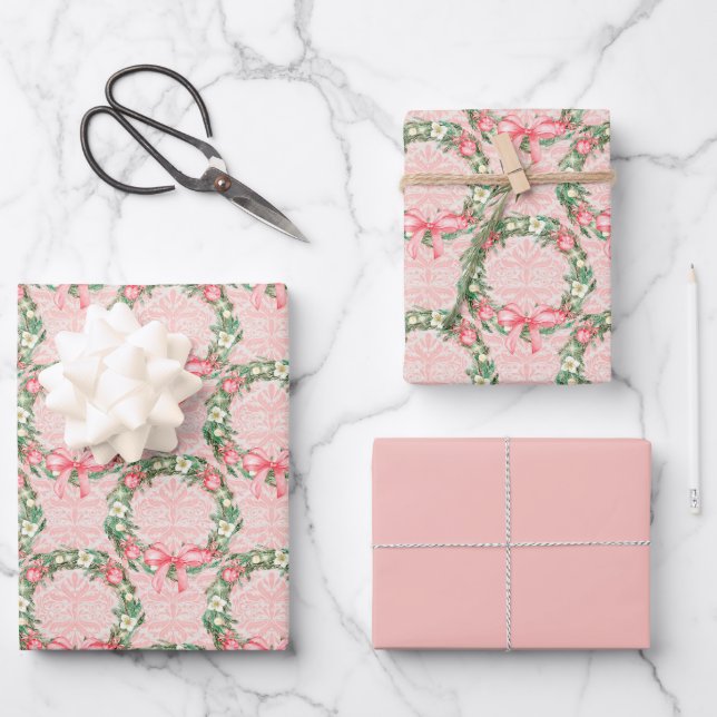 Pink Watercolor Christmas Wreath Wrapping Paper Sheet (Front)