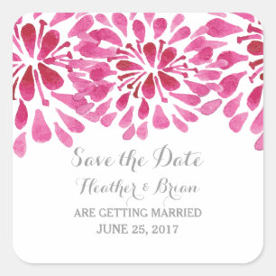 Pink Watercolor Chrysanthemum Save the Date Square Sticker