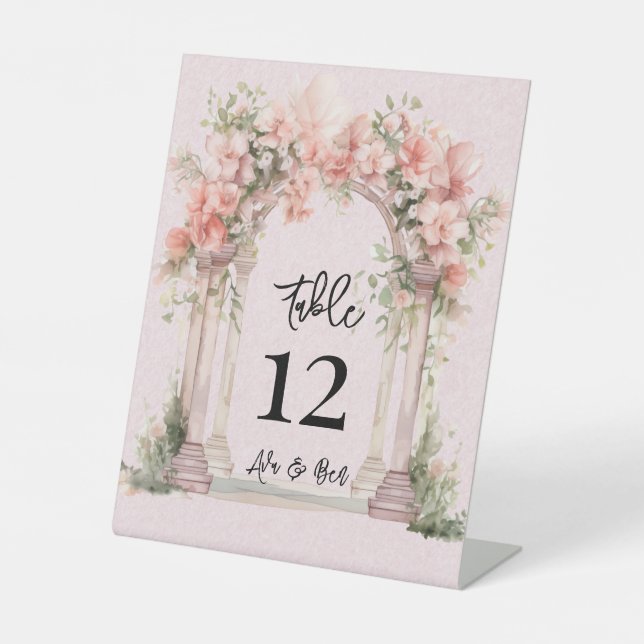Pink Watercolor Church Wedding Table Number Pedestal Sign (Front)
