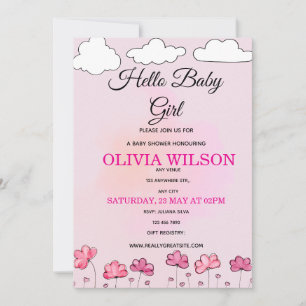 Pink Watercolor Clouds & Flowers Baby Girl Shower Invitation