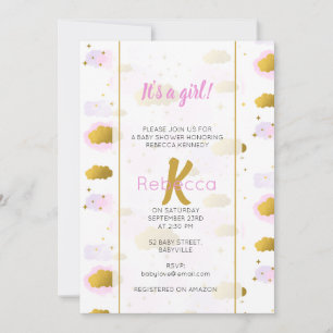 Pink Watercolor Clouds Gold Stars Sky Baby Shower Invitation