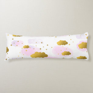 Pink Watercolor Clouds Gold Stars Sky  Body Cushion
