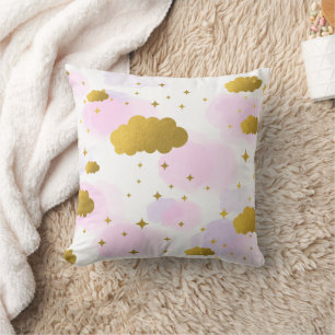 Pink Watercolor Clouds Gold Stars Sky Cushion