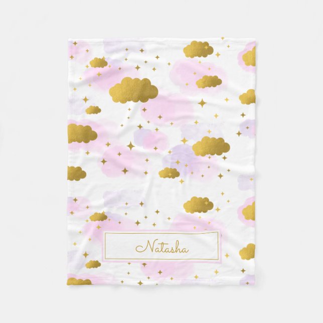 Pink Watercolor Clouds Gold Stars Sky Fleece Blanket (Front)
