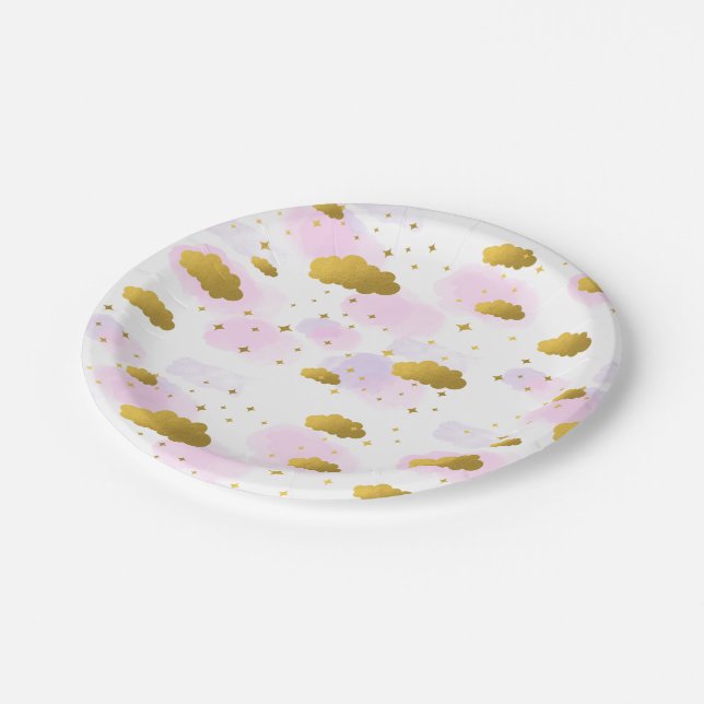 Pink Watercolor Clouds Gold Stars Sky Paper Plate (Angled)