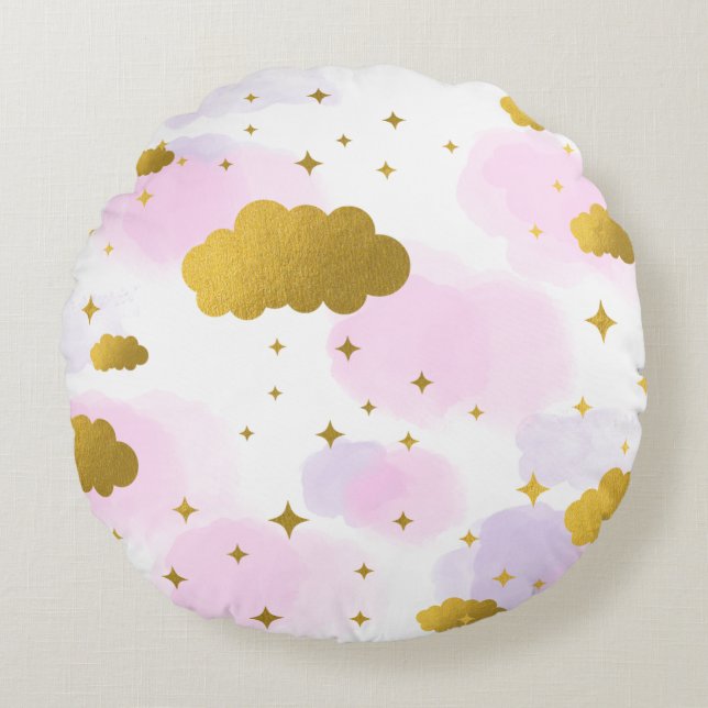 Pink Watercolor Clouds Gold Stars Sky Round Cushion (Front)