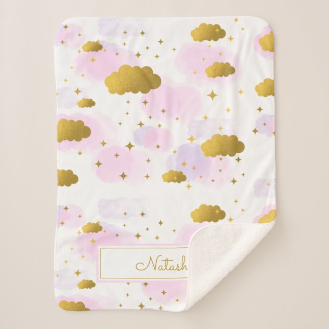 Pink Watercolor Clouds Gold Stars Sky  Sherpa Blanket (Front)