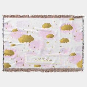 Pink Watercolor Clouds Gold Stars Sky  Throw Blanket