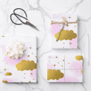 Pink Watercolor Clouds Gold Stars Sky Wrapping Paper Sheet