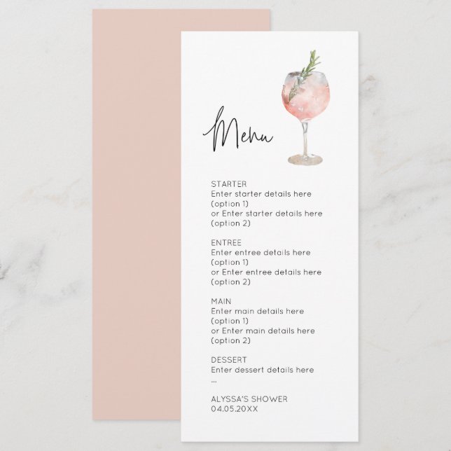 Pink Watercolor Cocktail Wedding Menu Card (Front/Back)