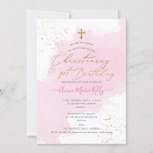 Pink Watercolor Confetti Christening+1st Birthday Invitation