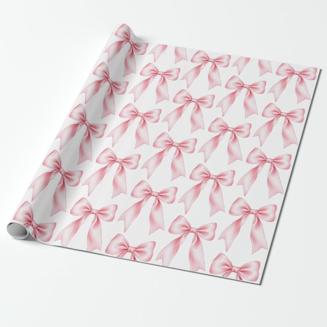 Pink Watercolor Coquette Bow Trendy Feminine Girly Wrapping Paper (Unrolled)