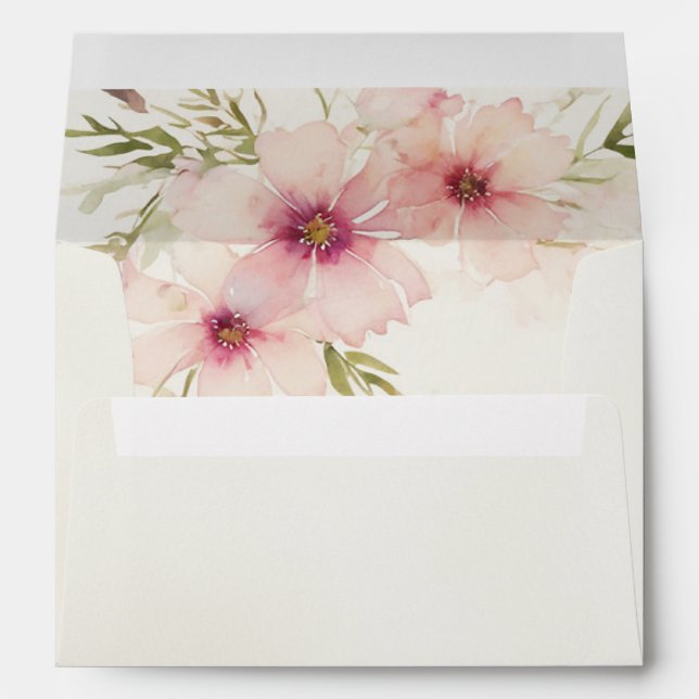 pink watercolor cosmos flowers address wedding envelope (Back (Bottom))