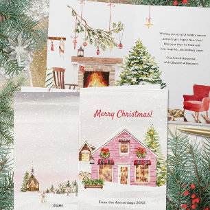 Pink Watercolor Cottage Fireplace Christmas Holiday Card