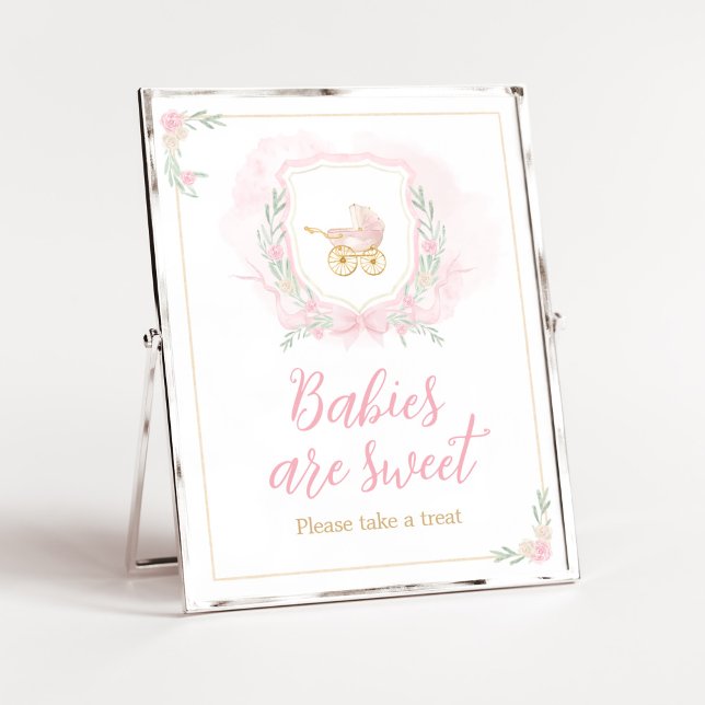 Pink Watercolor Crest Baby Shower Babies are Sweet Poster (Blue Floral Pampas Grass Elephant Baby Shower  Babies are Sweet Sign)