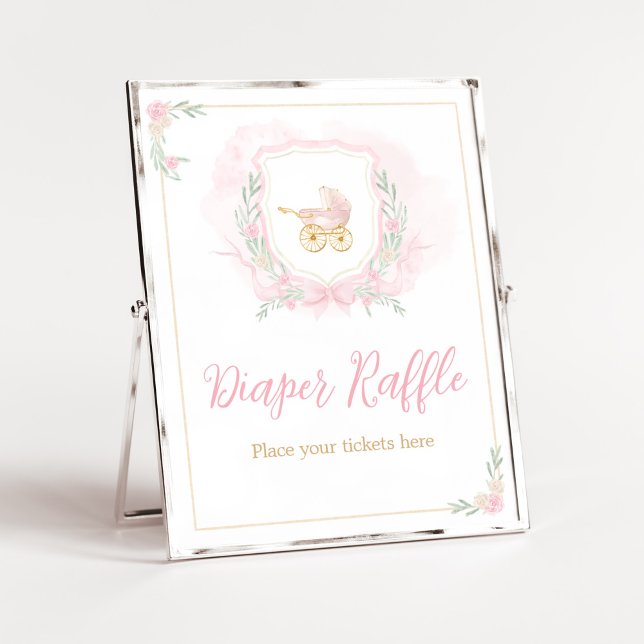 Pink Watercolor Crest Baby Shower Diaper Raffle Poster (Blue Floral Pampas Grass Elephant Baby Shower Diaper Raffle Sign)