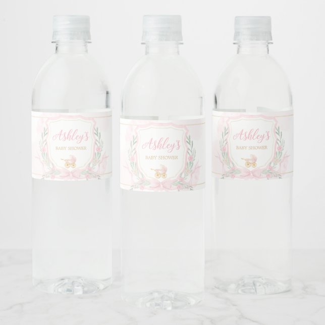 Pink Watercolor Crest Baby Shower Water Bottle Label (Bottles)