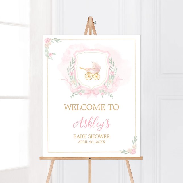 Pink Watercolor Crest Baby Shower Welcome Poster (Pink Gold Carriage Crest Baby Shower Welcome Sign)