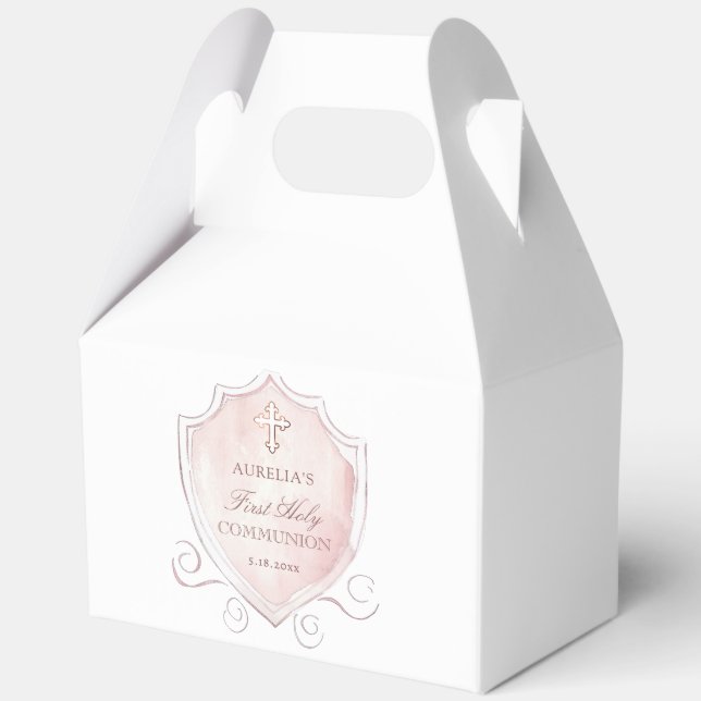 Pink Watercolor Crest First Communion Gable Favour Box (Front)